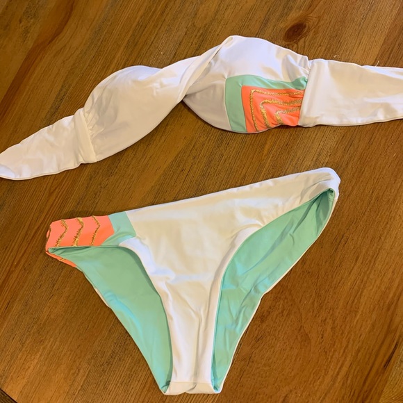 L*Space White &Coral Strapless Chevron Bikini XS S - Picture 5 of 9